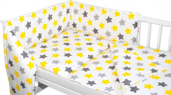 Baby Nellys 3-dílná sada Mantinel s povlečením - Barevné hvězdičky - žluté/šedé, 135x100 - obrázek 1