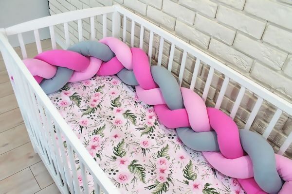 Baby Nellys Mantinel pletený cop s povlečením Květinky, 135x100 - růžová, šedá, B19 - obrázek 1
