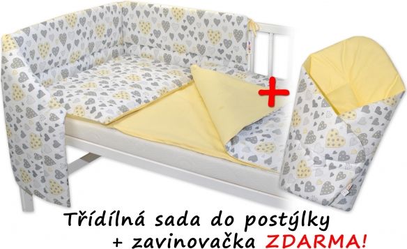 3-dílná sada mantinel s povlečením + zavinovačka zdarma - Srdíčka krémové, žlutá, D19 - obrázek 1