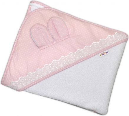 Dětská termoosuška s oušky, kapucí a krajkou Baby Puntíky 100 x 100 cm - bílá/růžová - obrázek 1