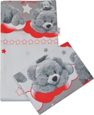 Baby Nellys 2-dílné bavlněné povlečení  Medvídek hvězdička - šedé s červenou - obrázek 1