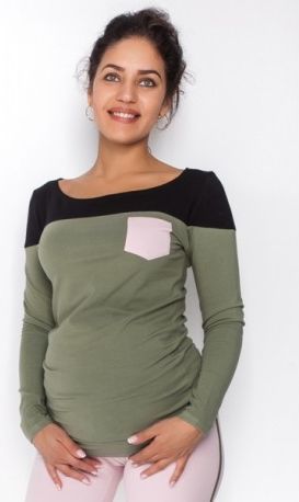 Těhotenské triko/halenka dlouhý rukáv Anna - khaki/černá, Velikosti těh. moda XS (32-34) - obrázek 1