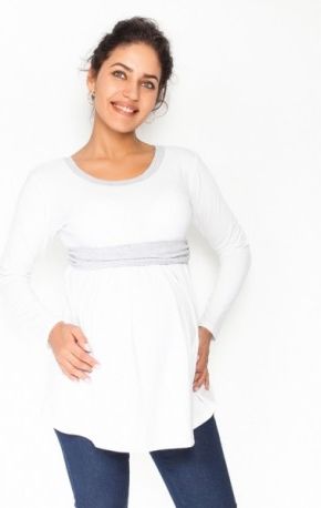 Těhotenská tunika s páskem, dlouhý rukáv Amina - bílá/pásek šedý, Velikosti těh. moda XL (42) - obrázek 1
