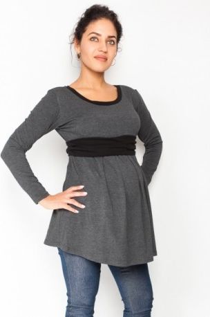 Těhotenská tunika s páskem, dlouhý rukáv Amina - grafit/pásek černý, Velikosti těh. moda L (40) - obrázek 1