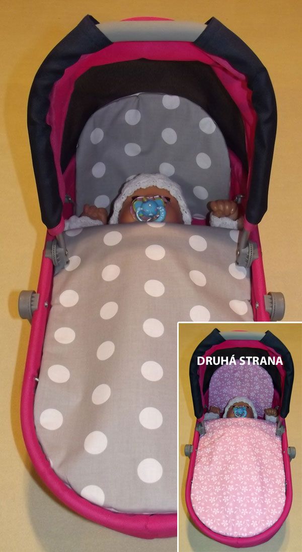 Peřinky do kočárku pro panenky Puntíky šedá/Kvítky růžová - obrázek 1