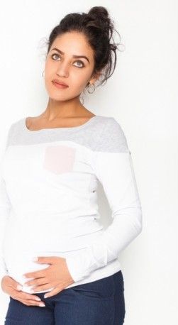 Těhotenské triko/halenka dlouhý rukáv Anna - bílé/šedý melír, Velikosti těh. moda L (40) - obrázek 1