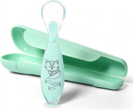 BabyOno Silikonová lžička široká s přísavkou v pouzdře - mátová - obrázek 1