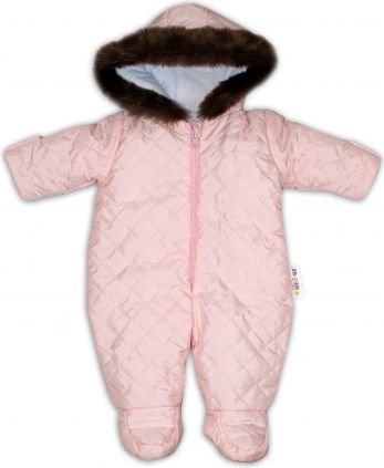 Kombinéza s kapucí a kožíškem Baby Nellys ®prošívaná, bez šlapek, sv. růžová, vel. 98 - obrázek 1