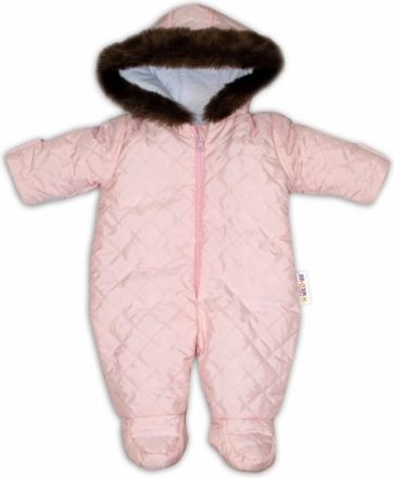 Kombinéza s kapucí a kožíškem Baby Nellys ®prošívaná, bez šlapek - sv. růžová, Velikost koj. oblečení 98 (24-36m) - obrázek 1
