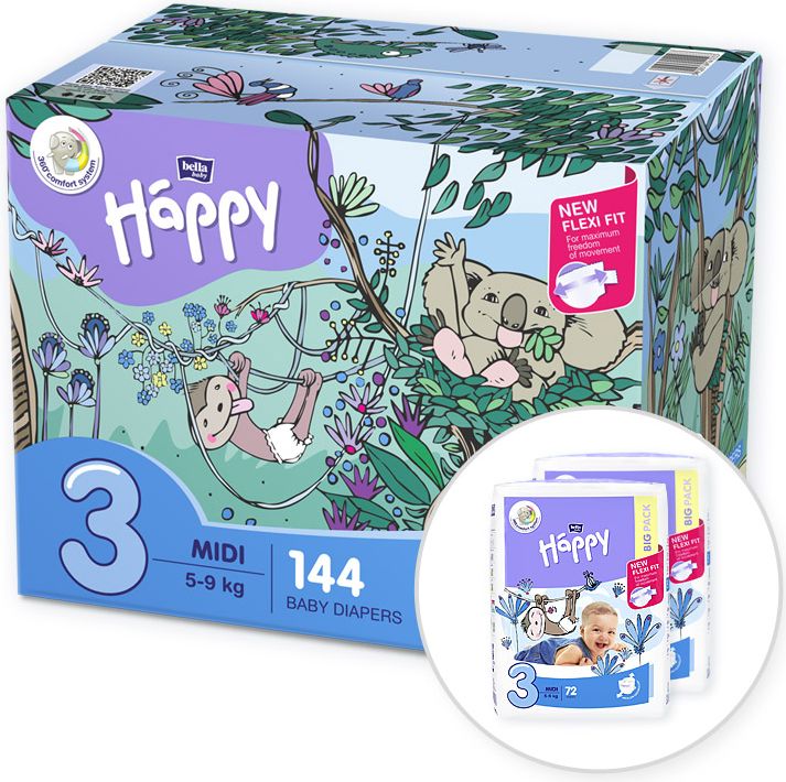BELLA HAPPY Midi 3 Big TOY BOX (5-9 kg), 144 ks - jednorázové pleny - obrázek 1