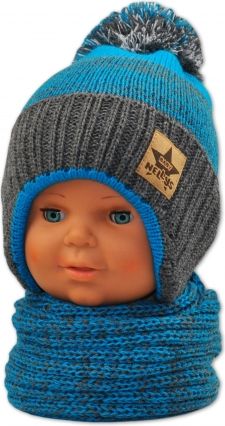 BABY NELLYS Zimní čepička s komínkem - modrá/grafit - obrázek 1