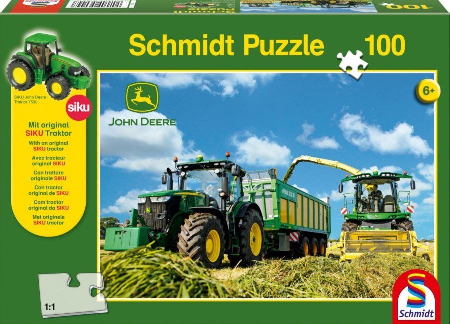 SCHMIDT Puzzle John Deere Traktor s řezačkou 100 dílků + model SIKU - obrázek 1