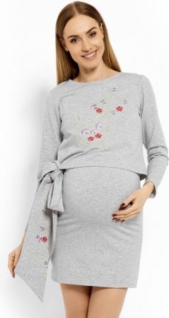 Elegantní těhotenské šaty, tunika s výšivkou a stuhou - sv. šedé (kojící), Velikosti těh. moda L/XL - obrázek 1