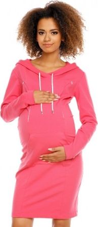 Těhotenské a kojící šaty s kapucí, dl. rukáv - malinové - obrázek 1