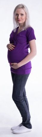Těhotenské a kojící triko s kapucí, kr. rukáv - fialové - obrázek 1