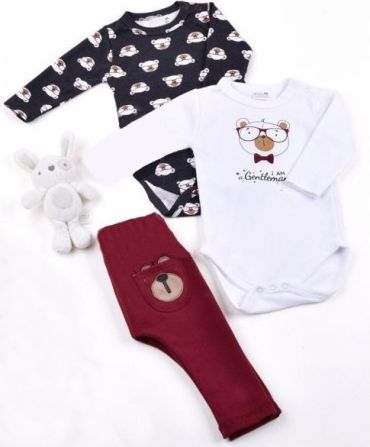 K-Baby Sada 2 x body dl. rukáv + 1 x tepláčky, Elegant, bílá/šedá/vínová, Velikost koj. oblečení 74 (6-9m) - obrázek 1