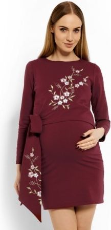 Elegantní těhotenské šaty, tunika s výšivkou a stuhou - bordo (kojící), Velikosti těh. moda L/XL - obrázek 1