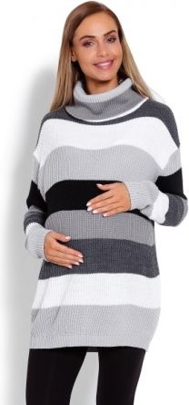 Delší, proužkovaný těhotenský svetřík , rolák - šedé pruhy - obrázek 1