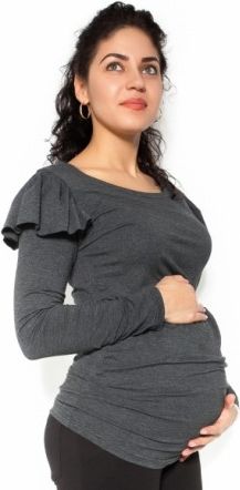 Těhotenské triko dlouhý rukáv FANNY s volánkem - tm. šedé, Velikosti těh. moda XS (32-34) - obrázek 1