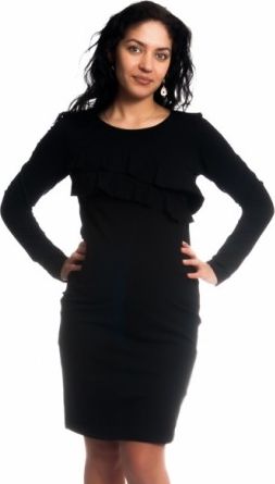 Těhotenské/kojící šaty s volánkem, dlouhý rukáv - černé, Velikosti těh. moda L (40) - obrázek 1
