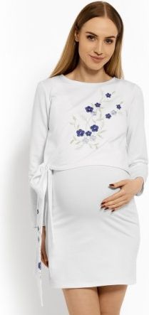 Elegantní těhotenské šaty, tunika s výšivkou a stuhou - bílé (kojící), Velikosti těh. moda S/M - obrázek 1