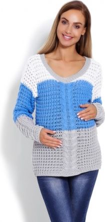Těhotenský proužkovaný svetřík - modro/šedý, vzor: copánek - obrázek 1