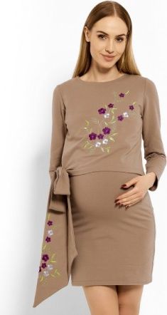 Elegantní těhotenské šaty, tunika s výšivkou a stuhou - cappuccino (kojící), Velikosti těh. moda L/XL - obrázek 1