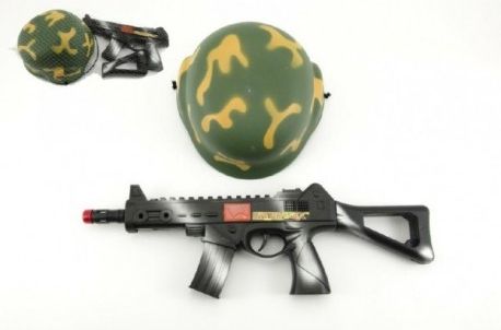 Vojenská sada helma přilba samopal na setrvačník 31cm plast v síťce - obrázek 1
