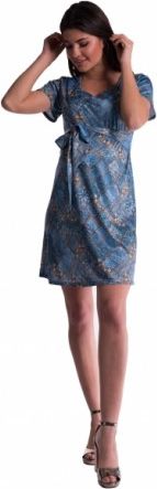 Těhotenské šaty s květinovým potiskem s mašlí - tm. modré, Velikosti těh. moda L (40) - obrázek 1