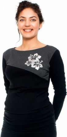 Těhotenské/kojící triko - květy , dlouhý rukáv, černo/grafitové, Velikosti těh. moda  S (36) - obrázek 1