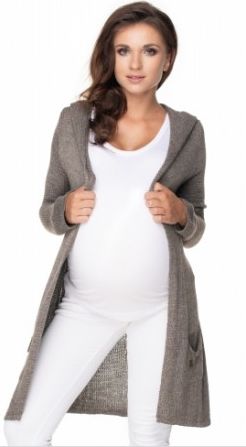 Be MaaMaa Dlouhý těhotenský kardigan s kapucí, hnědý - obrázek 1
