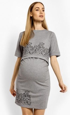 Elegantní těhotenské šaty, tunika s výšivkou, kr. rukáv - šedé (kojící), Velikosti těh. moda XXL (44) - obrázek 1