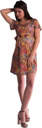Těhotenské šaty s květinovým potiskem s mašlí - cihlový, Velikosti těh. moda L (40) - obrázek 1