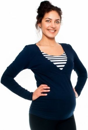 Těhotenské/kojící triko - proužek , dlouhý rukáv, granátové, Velikosti těh. moda  S (36) - obrázek 1