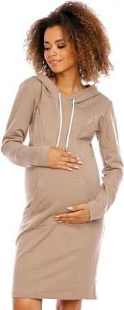 Těhotenské a kojící šaty s kapucí, dl. rukáv - cappuccino, Velikosti těh. moda M (38) - obrázek 1