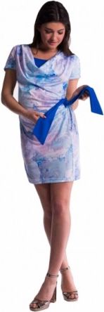 Těhotenské a kojící šaty s květinovým potiskem, s mašlí - modré/chrpa, Velikosti těh. moda XS (32-34) - obrázek 1