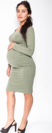 Pohodlné těhotenské šaty, dlouhý rukáv - khaki, Velikosti těh. moda  S (36) - obrázek 1