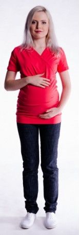 Těhotenské a kojící triko s kapucí, kr. rukáv - červené, Velikosti těh. moda L/XL - obrázek 1