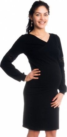 Těhotenské/kojící šaty Kristýna, dlouhý rukáv zdobený krajkou - černé, Velikosti těh. moda S (36) - obrázek 1