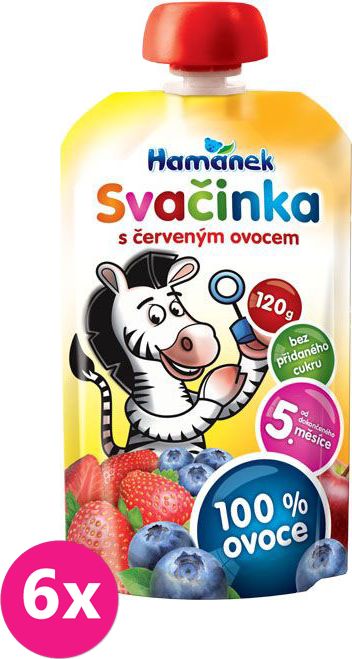 6x HAMÁNEK Svačinka 100% ovoce s červeným ovocem, (120 g) - ovocný příkrm - obrázek 1