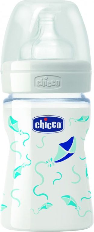 Chicco Láhev Well-Being skleněná, silikonový dudlík, modrá 150 ml - obrázek 1