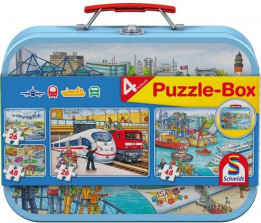 SCHMIDT Puzzle Doprava 4v1 v plechovém kufříku (26,26,48,48 dílků) - obrázek 1
