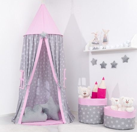 Stan pro děti, závěsný stan - hvězdičky na šedém / růžový - obrázek 1