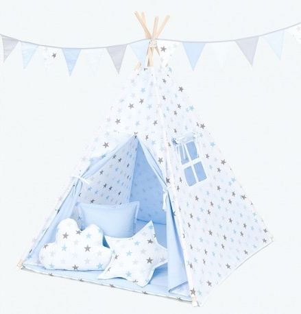 Stan pro děti teepee, týpí bez výbavy - hvězdy šedé a modré / světle modrý - obrázek 1
