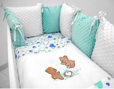 Polštářkový mantinel s Minky s povlečením s vyšívkou - bílá,máta,love - Houpačka, Velikost povlečení 120x90 - obrázek 1