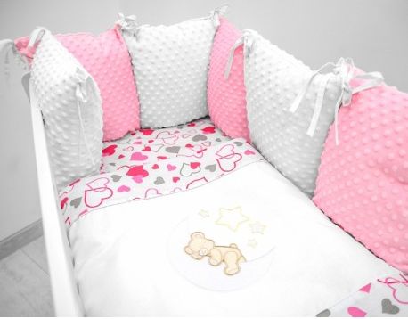 Polštářkový mantinel s Minky s povlečením s vyšívkou - bílá,růžová,love - Měsíček, Velikost povlečení 120x90 - obrázek 1
