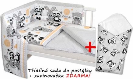 3-dílná sada mantinel s povlečením + zavinovačka zdarma, Cute Animals- šedá/béžová, Velikost povlečení 120x90 - obrázek 1