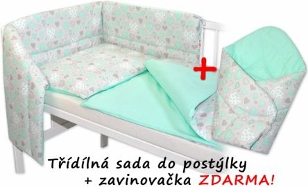 3-dílná sada mantinel s povlečením + zavinovačka zdarma - Srdíčka máta, máta, Velikost povlečení 120x90 - obrázek 1