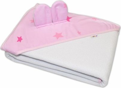 Dětská termoosuška s oušky Baby Stars s kapucí, 100 x 100 cm - bílá, růžové hvězdy - obrázek 1