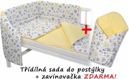 3-dílná sada mantinel s povlečením + zavinovačka zdarma - Srdíčka krémové, žlutá, Velikost povlečení 120x90 - obrázek 1
